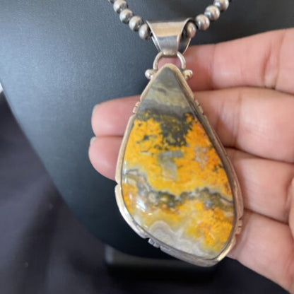 Men's Navajo Pearls Necklace with Bumblebee Jasper Pendant | Sterling Silver | Authentic Native American Handmade | 10556