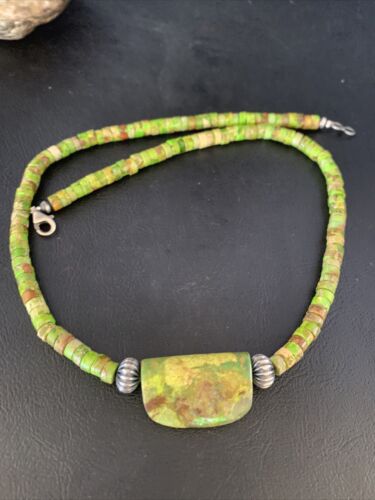 Navajo Green Gaspeite Turquoise Pendant | Sterling Silver | Authentic Native American Handmade | 13916