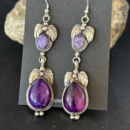 Navajo Purple Sugilite Dangle Earrings | Sterling Silver | 2" | Authentic Native American Handmade | 14401