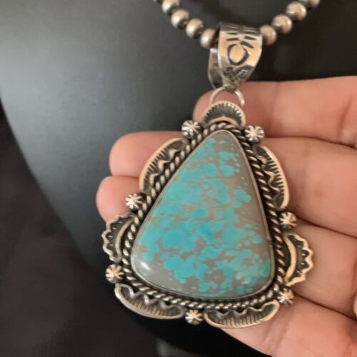 Navajo Pearls Sterling Silver Necklace with Blue Turquoise #8 Pendant | Authentic Native American Handmade | 11311