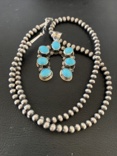 Navajo Sterling Silver Blue Turquoise Squash Blossom Necklace with Naja Pendant | 02011
