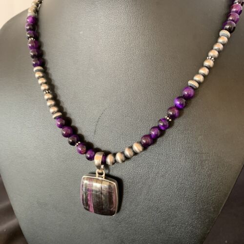 Women's Navajo Pearls Necklace with Purple Sugilite and Onyx Pendant | Sterling Silver | 13393