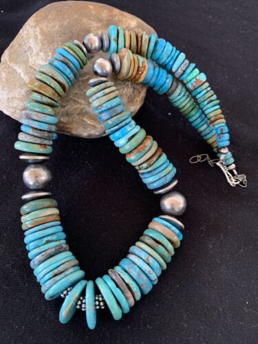 Southwestern Navajo Blue & Green Turquoise Necklace | Sterling Silver | Graduated | Authentic Native American | 20" | 1143 - Masha USA