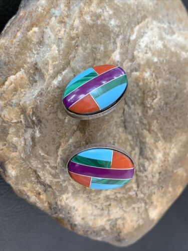 Navajo Multi-Color Turquoise Coral Inlay Earrings | Sterling Silver | Authentic Native American Handmade | 1716