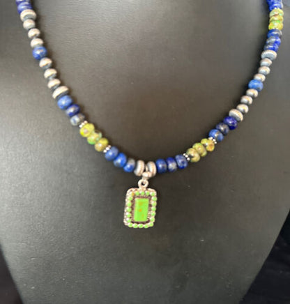 Navajo Green Turquoise and Lapis Pendant Necklace | Sterling Silver | Authentic Native American Handmade | 14634