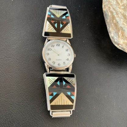 Navajo Men's Watch Tips | Sterling Silver with Onyx, Coral, Turquoise Inlay | Authentic Native American Jewelry | 11576