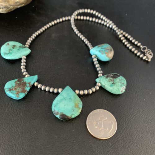 Navajo Teardrop Blue Turquoise Necklace with Pearls | Sterling Silver | 20" | Authentic Native American Handmade | 13966