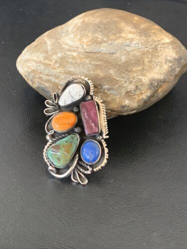 Navajo White Buffalo Spiny Oyster Lapis Multi-Stone Ring | Authentic Native American Sterling Silver | Sz 10.5 | 11568