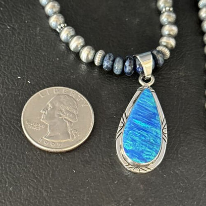 Blue Turquoise Lapis Necklace with Opal Pendant | Navajo Sterling Silver | Authentic Native American Handmade | 14367