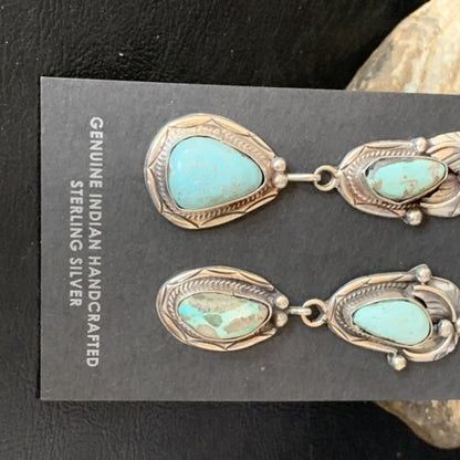Navajo Blue Dry Creek Turquoise Post Dangle Earrings | Sterling Silver | Authentic Native American Handmade | 13877 - Masha USA