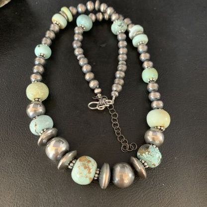 Dry Creek Turquoise Navajo Pearls Beaded Necklace | Sterling Silver | 21" | Authentic Native American Handmade | 14101 - Masha USA