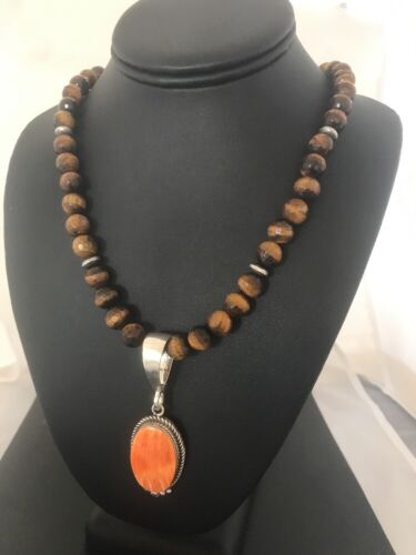 Navajo Spiny Oyster Pendant with Tigers Eye | Sterling Silver Necklace | Authentic Native American Handmade | 3652