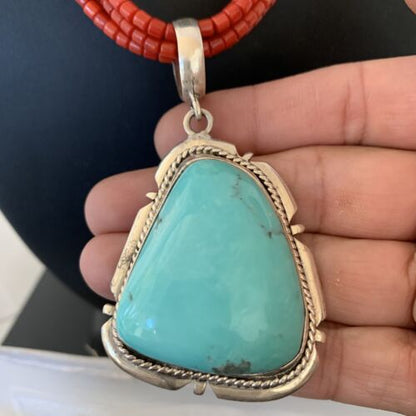 Navajo Red Coral Turquoise Bead Necklace Pendant | Sterling Silver | Multi-Strand | 1953