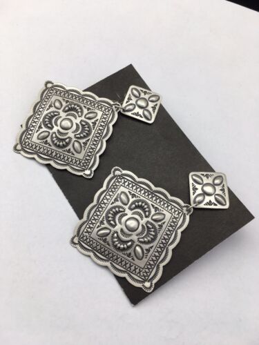 Authentic Native American Navajo Sterling Silver Stamped Earrings | 2.75" | SET01708 - Masha USA