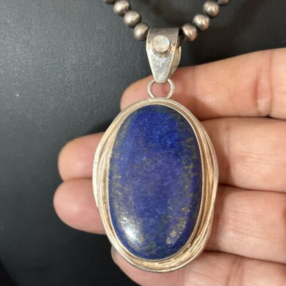 Native American Men's Navajo Pearls Necklace Pendant | Sterling Silver Lapis | 14466
