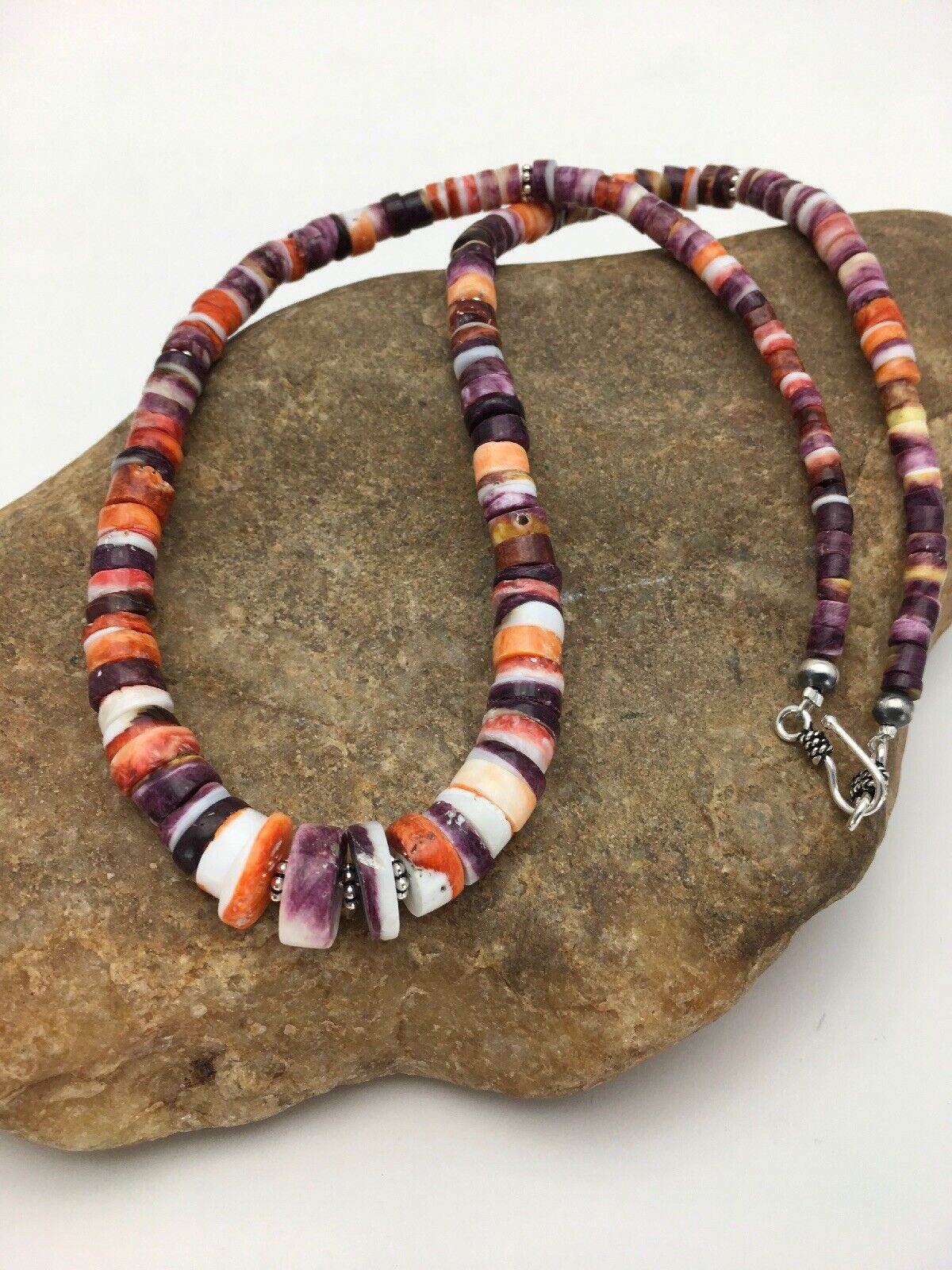Orange Purple Spiny Oyster Sterling Silver Navajo Necklace Set | Graduated | Authentic Native American Handmade | 20" | 2777