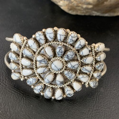 Navajo White Buffalo Turquoise Cluster Cuff Bracelet | Sterling Silver | Authentic Native American Handmade | 12102