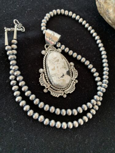 Navajo White Turquoise Buffalo Pendant Necklace | Sterling Silver | Authentic Native American Handmade | 1369