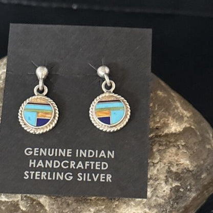 Navajo Multi-Color Turquoise Spiny Lapis Inlay Earrings | Sterling Silver | Authentic Native American Handmade | 14653