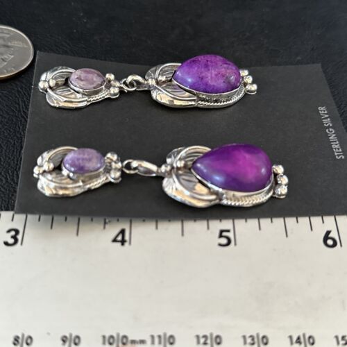 Navajo Purple Sugilite Dangle Earrings | Sterling Silver | 2" | Authentic Native American Handmade | 14404