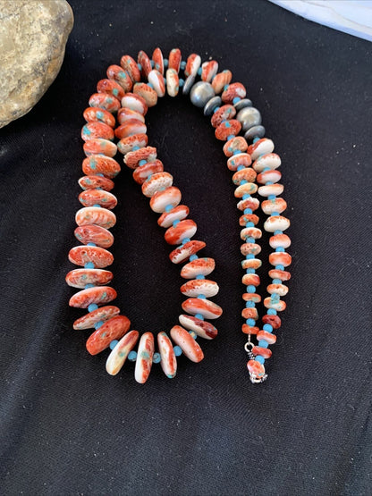 Navajo Red Spiny Oyster & Turquoise Necklace | Sterling Silver Graduated Navajo Pearls | Authentic Native American | 28" | 00912