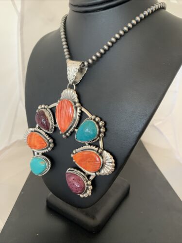 Navajo Sterling Silver Necklace with Turquoise & Spiny Oyster Naja Pendant | 00791