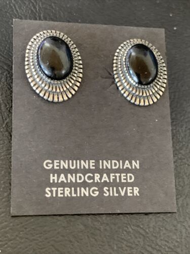 Navajo Black Onyx Stud Post Earrings | Sterling Silver | 0.5" | Authentic Native American Handmade | 12643