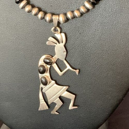 Navajo Kokopelli Pendant with Pearls, Black Onyx, and Multi-Stone | Authentic Native American Sterling Silver | 12284