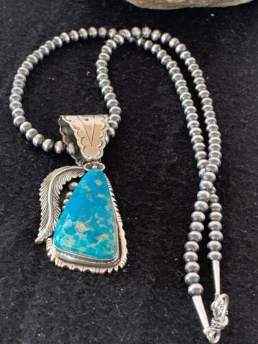 Men's Kingman Turquoise Pendant Necklace | Navajo Pearls | Sterling Silver | Authentic Native American | 4300