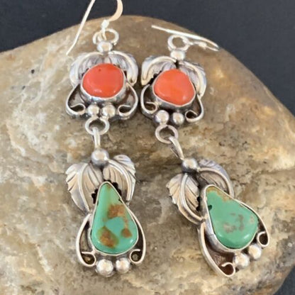 Navajo Green Royston Turquoise & Red Coral Dangle Earrings | Sterling Silver | Native American Handmade | 12553
