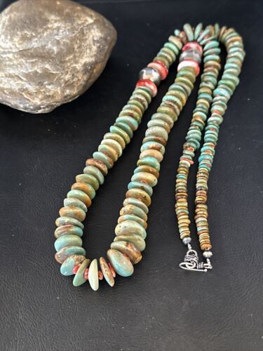 XL Green Turquoise & Red Spiny Oyster Navajo Sterling Silver Necklace | Authentic Native American | 32" | 14790
