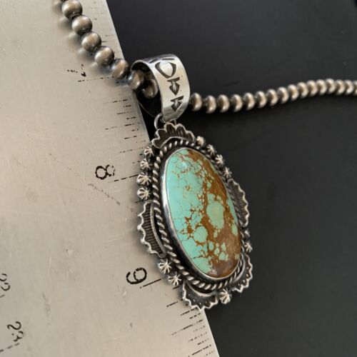 Navajo Pearls Sterling Silver Necklace with Blue Turquoise #8 Pendant | Authentic Native American Handmade | 11298