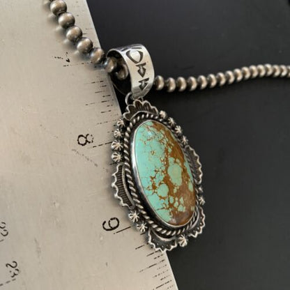Navajo Pearls Sterling Silver Necklace with Blue Turquoise #8 Pendant | Authentic Native American Handmade | 11298