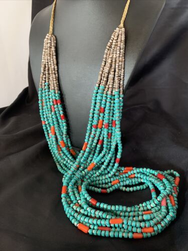Southwestern Santo Domingo Coral Spiny Blue Turquoise Necklace | 38" | Authentic Native American Handmade | 12050