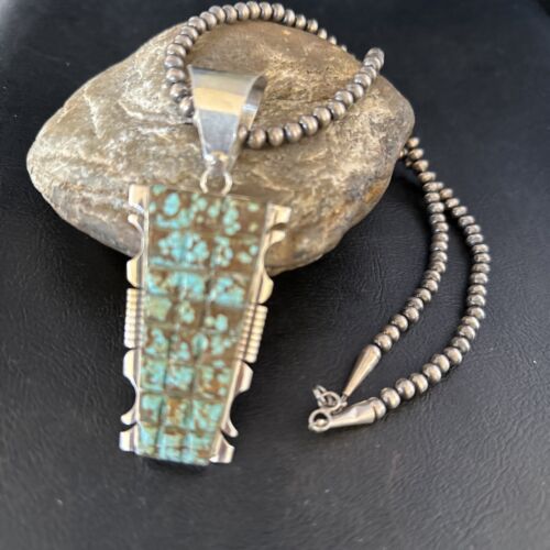 Authentic Native American Navajo Blue Turquoise Necklace Pendant | Sterling Silver | 8" | 14462