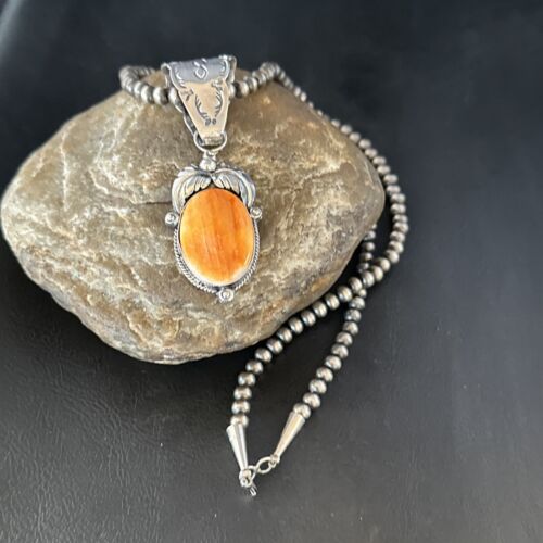 Navajo Orange Spiny Oyster Pendant Necklace | Sterling Silver | Authentic Native American Handmade | 14684