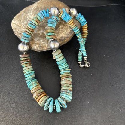 Navajo Blue Green Turquoise Bead Necklace | Sterling Silver | Authentic Native American | 20" | 14243
