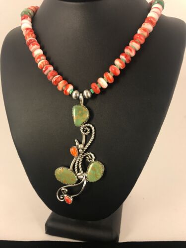 Navajo Green Turquoise & Spiny Oyster Pendant Necklace | Authentic Native American Sterling Silver | Multi-Stone | 8486