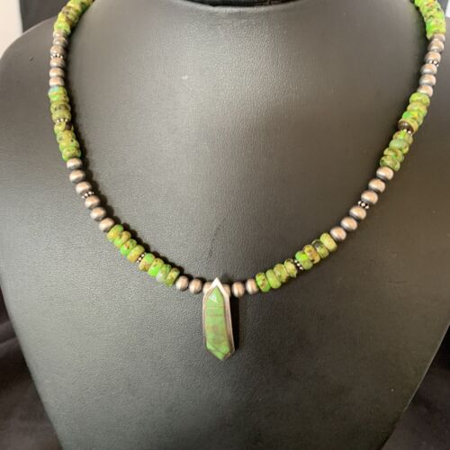 Navajo Green Gaspeite Turquoise Inlay Pendant | Sterling Silver | Authentic Native American Handmade | 13269