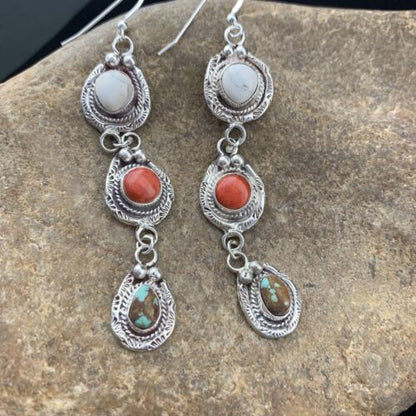 Navajo Spiny, Turquoise & Howlite Dangle Earrings | Sterling Silver | Authentic Native American Handmade | 01620