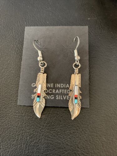 Navajo Coral Inlay Feather Earrings | Sterling Silver | Authentic Native American Handmade | 13065