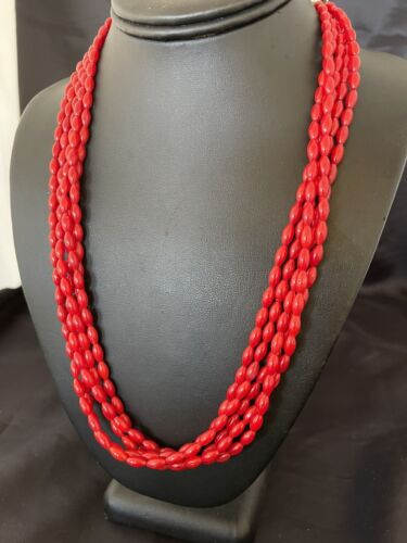 Navajo Red Coral 5-Strand Necklace | Sterling Silver Barrel Beads | 22" | Authentic Native American Handmade | 10438
