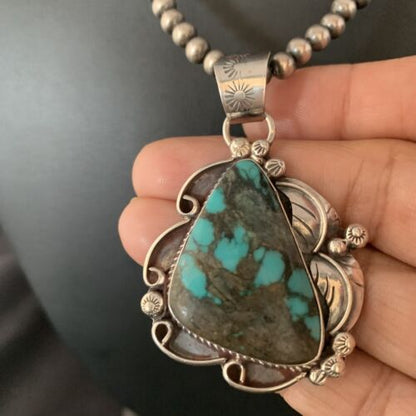 Navajo Spiderweb Turquoise Pendant Necklace | Sterling Silver | 2.25" | Authentic Native American Handmade | 14060