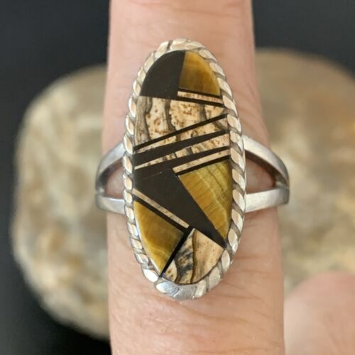 Navajo Black Onyx Coffee Tigers Eye Inlay Ring | Sterling Silver | Sz 8.5 | 10733