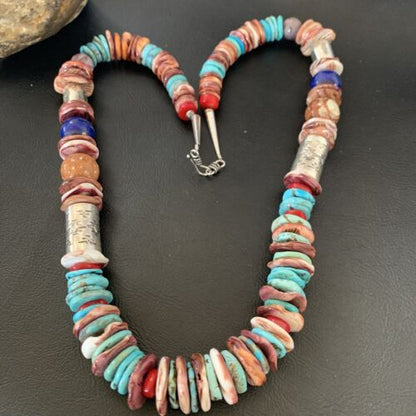 Native American Sterling Silver Necklace | Turquoise, Spiny Oyster, Coral, Lapis | 24" | 11869