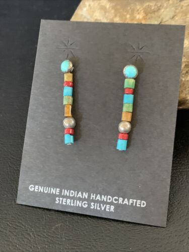 Multi-Color Turquoise Coral Bead Earrings | Sterling Silver | Navajo Handmade | 1" | 13053