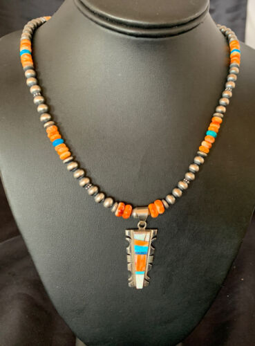 Navajo Turquoise Spiny Oyster Inlay Pendant | Sterling Silver | Authentic Native American Handmade | 11800