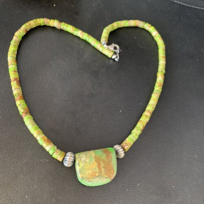 Navajo Green Gaspeite Turquoise Pendant | Sterling Silver | Authentic Native American Handmade | 13912