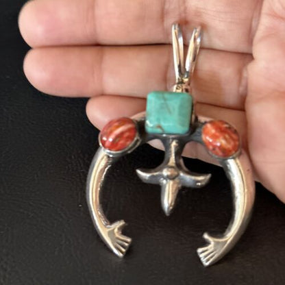 Navajo Blue Turquoise Red Spiny Oyster Naja Pendant | Sterling Silver | Authentic Native American Handmade | 14679