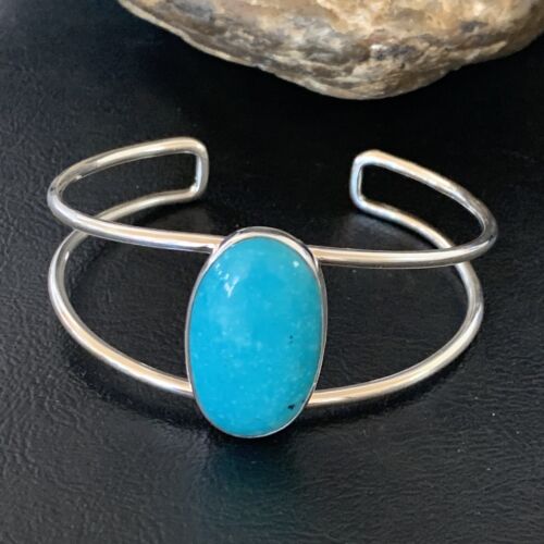 Minimalist Women's Cuff Bracelet | Sterling Silver | Blue Kingman Turquoise | 12866